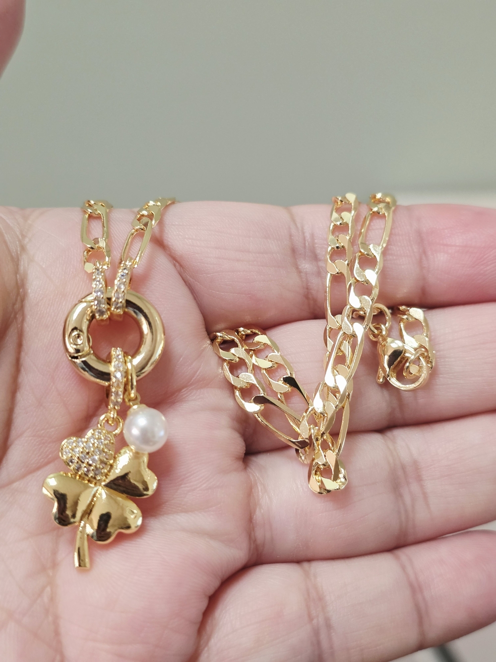 14k Gold Plated Clover Pendant Necklace with Pearl and Pavé Accent
